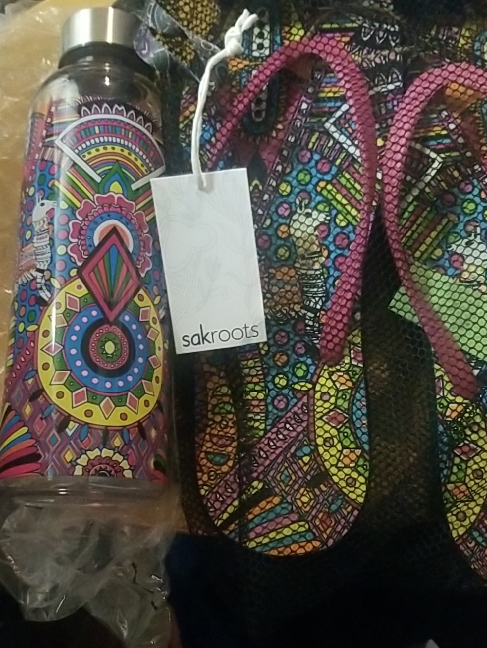 Sakroots Vibrant Mandala Bottle & Mesh Tote -Multicolor with Pink Accents Bundle